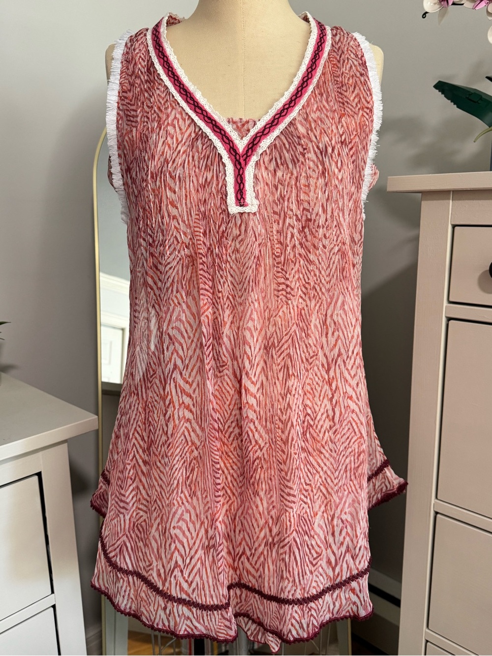 Poupette St Barth 100% Silk Sleeveless Tunic Top Mini Dress Coral Red Print M